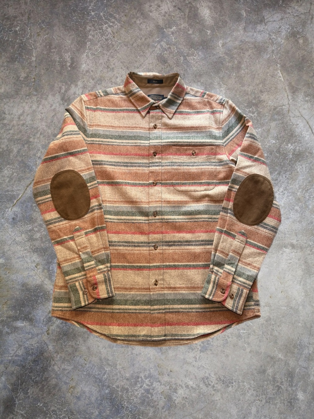 Pendleton Trail Shirt Men's L Brown Striped Wool Elbow Patch Western Outdoors